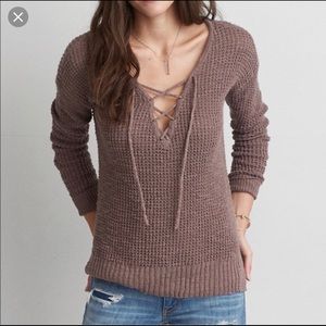 AEO brown Lace-up Sweater
